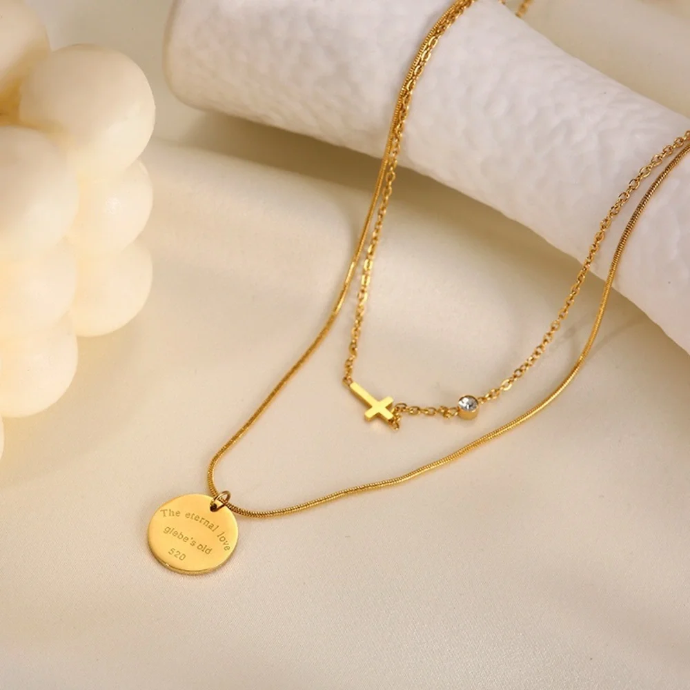 18K Gold Plated Double Layered Necklace*Stackable Cross Necklace*Round PendantLW - Picture 4 of 8